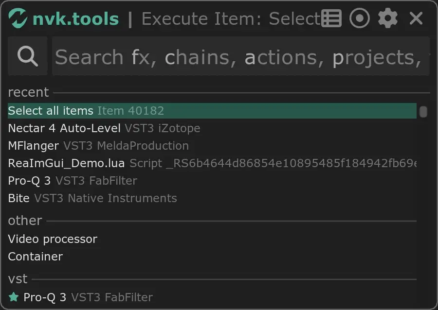 Screen capture of nvk_SEARCH in Reaper: recent results, then results for dopp, then the action filter narrowing remove take markers to three actions