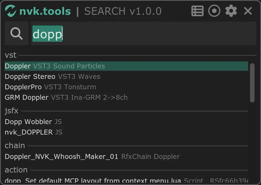 nvk_SEARCH in Reaper showing results for dopp: doppler VST3 plug-ins, JSFX, an FX chain, and actions