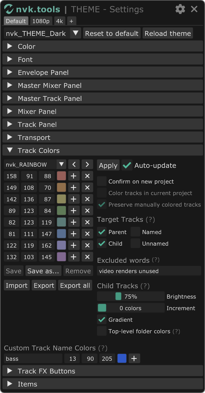 The nvk_THEME - Settings window: preset tabs Default, 1080p, and 4k, then Color, Font, Envelope Panel, Master Mixer Panel, Master Track Panel, Mixer Panel, Track Panel, and Transport sections, and the Track Colors section open with the nvk_RAINBOW color set